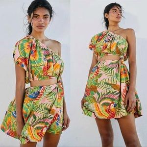 NWT Farm Rio Macaw Leaves One Shoulder Mini Dress Size X-Small